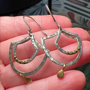 Vintage Artisan Boho Sterling Silver 14k Gold Accent Dangle Earrings